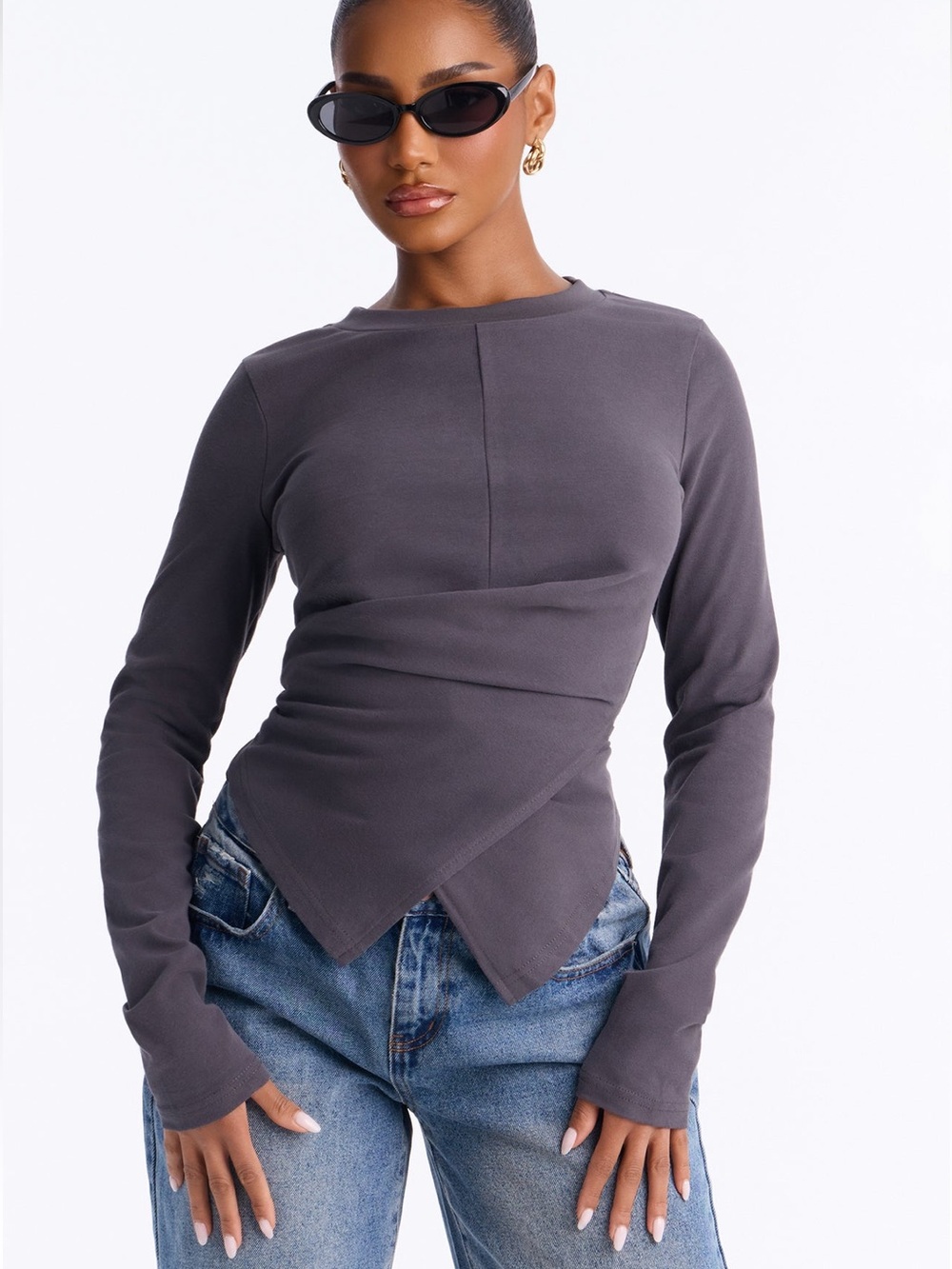 Long Sleeve Asymmetrical Hem Top in Charcoal Gray
